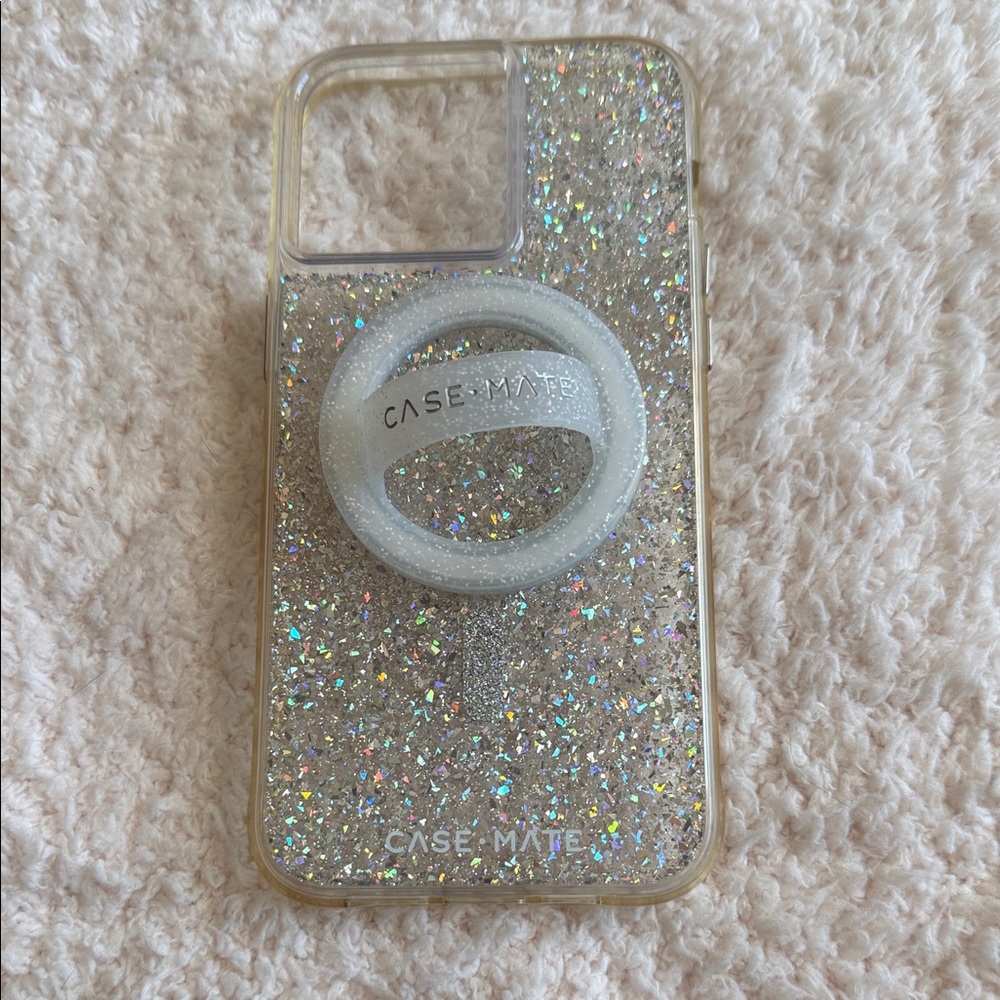 Case-Mate iPhone 15 Pro Max Silver Glitter Phone Case with Matching Loop Ring